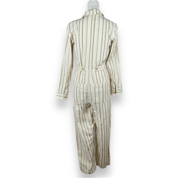Free People Gia Jumpsuit in Neutral Ivory Tan  Stripe Long Sleeve Button Front - Picture 6 of 13